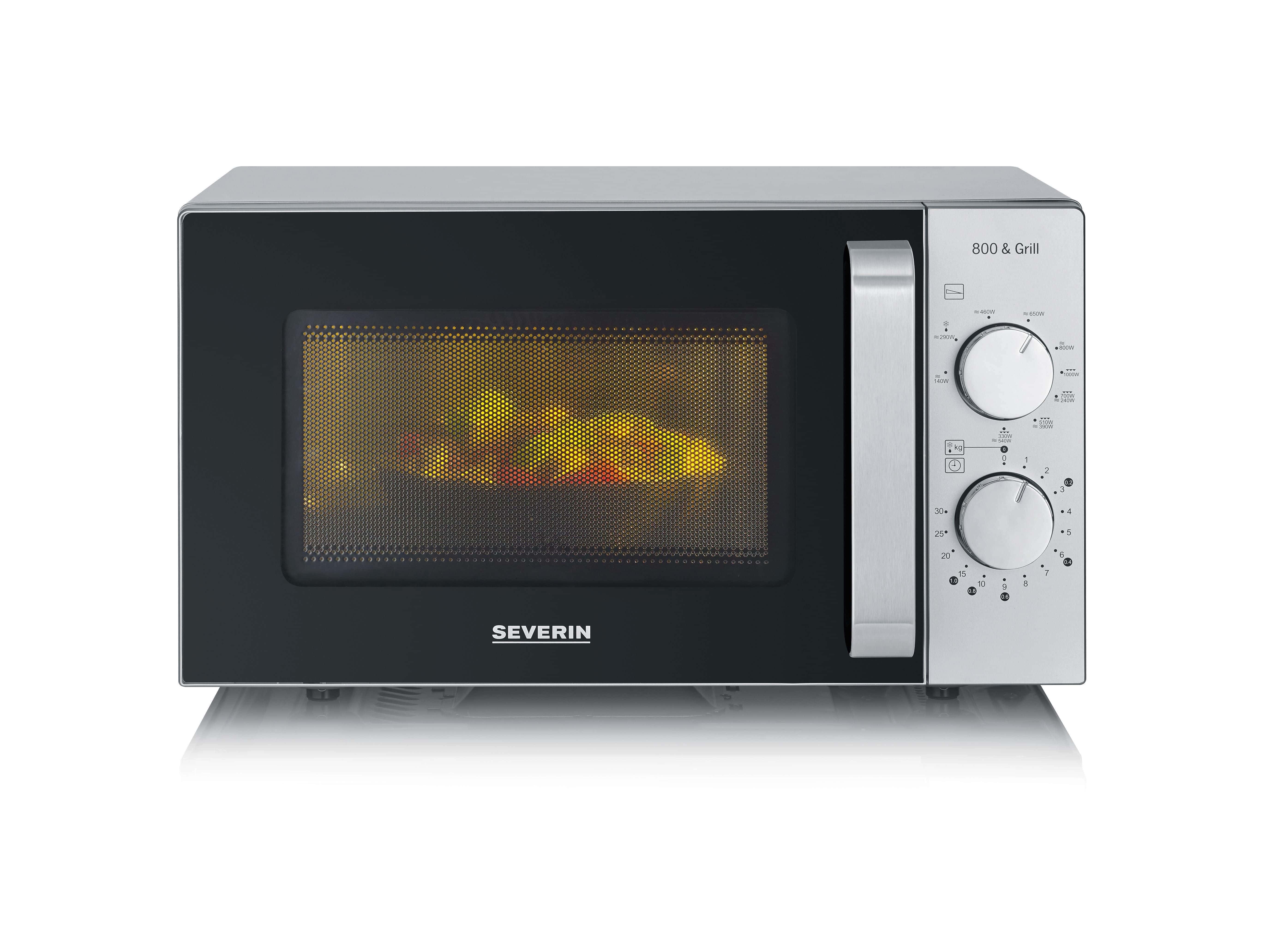 Severin MW 7576 Mikrowelle, 800 W, klein, 9 Stufen Grill, Flachbett, Silber