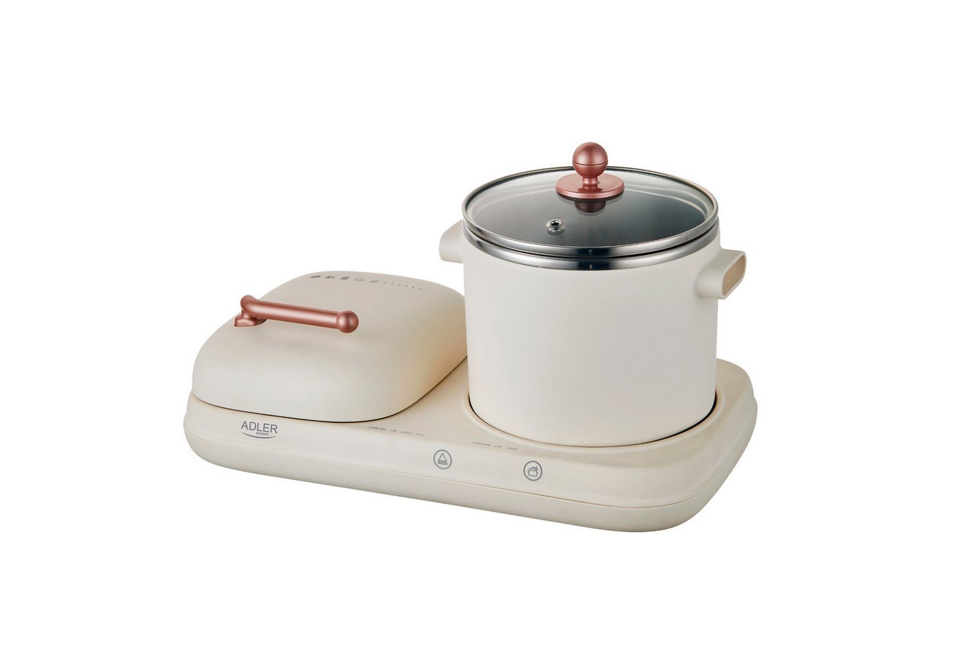 "Adler Tischgrill AD 6421, 1320 W, Frühstücksstation 2in1 Grill und Kochtopf, cremefarben"