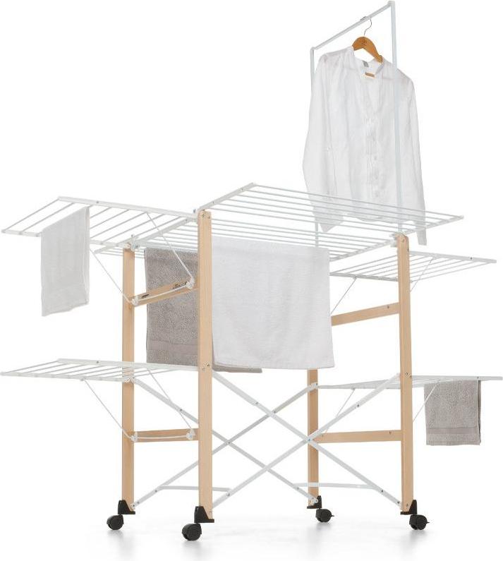 Foppapedretti SuperGulliver Wäscheständer, faltbar mit 35 Meter Wäscheleine, stabiler Holzrahmen, mobil mit 4 Lenkrollen, natürlich/natur