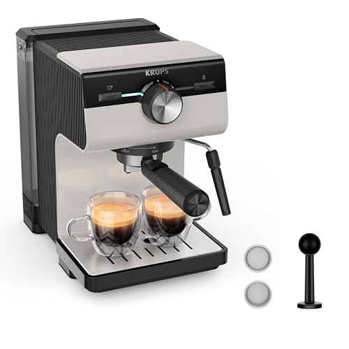 Krups XP381B Authentic Espressomaschine Siebträger, Kaffeemaschine in Fair Grey, 15 bar Pumpendruck, Milch-Aufschäumdüse, 2 L Wassertank