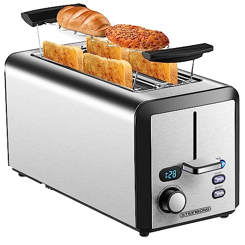 Steinborg Toaster Langschlitz | 4 Scheiben Toastautomat XXL 1500 Watt | 6-Stufen Bräuneregler | Brötchenaufsatz | Auftau-Funktion | Krümelschublade | Edelstahl | Doppelschlitz | LED Display