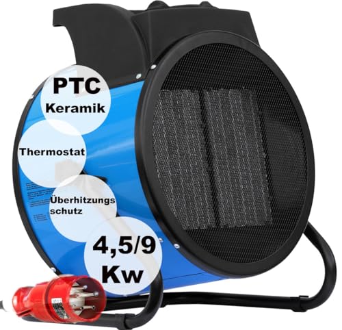 ALLEGRA Heizlüfter 9kw Keramik Bau Heizgerät Bauheizer Heizgebläse Elektroheizer Elektrisch Heizstrahler Starkstrom Elektro Garage Industrie 400v 16 A mit Thermostat Leise Zeltheizung Heizer Baustelle, PTC Keramik, 9000 Watt, CEE16 Starkstrom, IP 20, 53 db, 960 m³