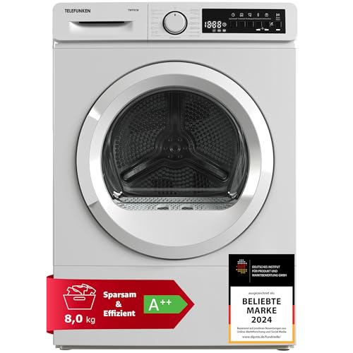 Telefunken TWP8CW, Wärmepumpentrockner für 8 kg Wäsche, A++ Energieeffizienz, 15 Programme, Knitterschutz, Frontlader, leise 64 dB