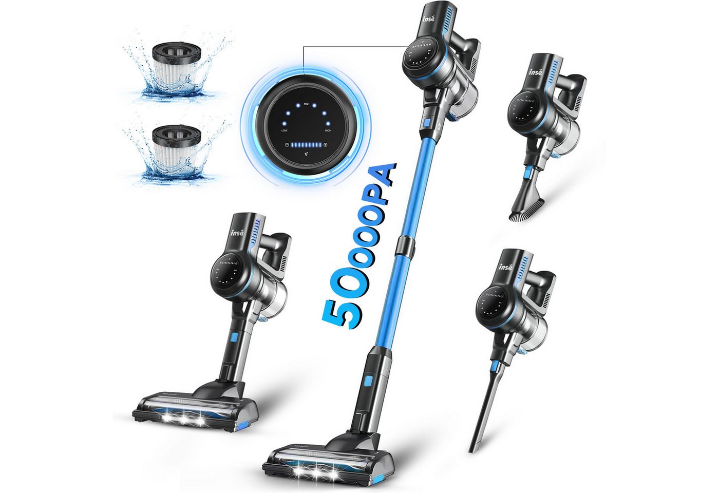 INSE Akku-Hand- und Stielstaubsauger mit 50KPa Saugkraft, 60 Minuten Akkulaufzeit, 1,2L Staubbehälter und LED-Beleuchtung