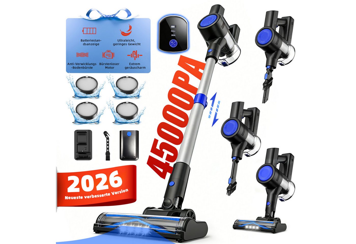 Grenintol Akku-Hand- und Stielstaubsauger, kabellos, 45.000 Pa Saugkraft, 55 Minuten Akkulaufzeit, LED-Anzeige, Wandhalterung, beutellos