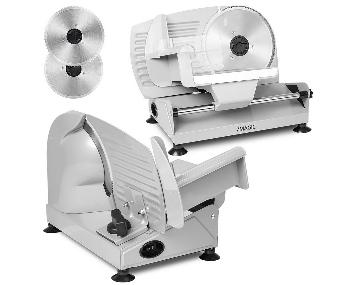 7MAGIC Allesschneider Brotschneidemaschine, elektrischer Edelstahl Allesschneider mit 200 W und abnehmbarer 19 cm Klinge, präziser Dickenregler 0–15 mm, silber