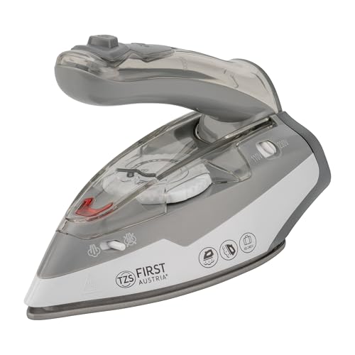 TZS First Austria Reisebügeleisen TZS-1018, kompaktes Mini Bügeleisen mit klappbarem Griff, 750g, Spannungswähler 110/220 Volt, vertikales Dampfbügeleisen mit Keramiksohle