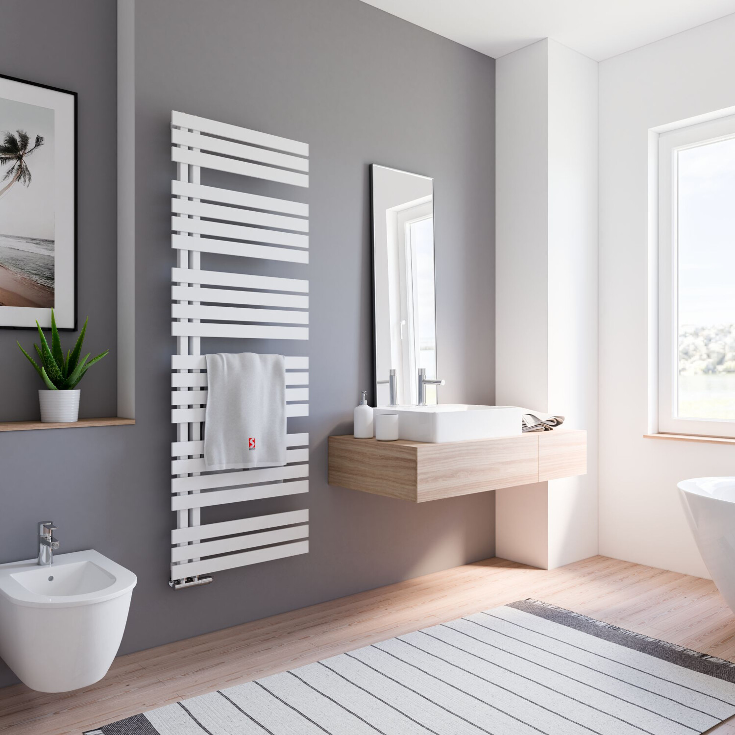 Schulte Badheizkörper 'Breda', weiß, 60 x 169 cm, asymmetrisches Design, Platz für 5 Handtücher, Betrieb über Zentralheizung oder Fernwärme