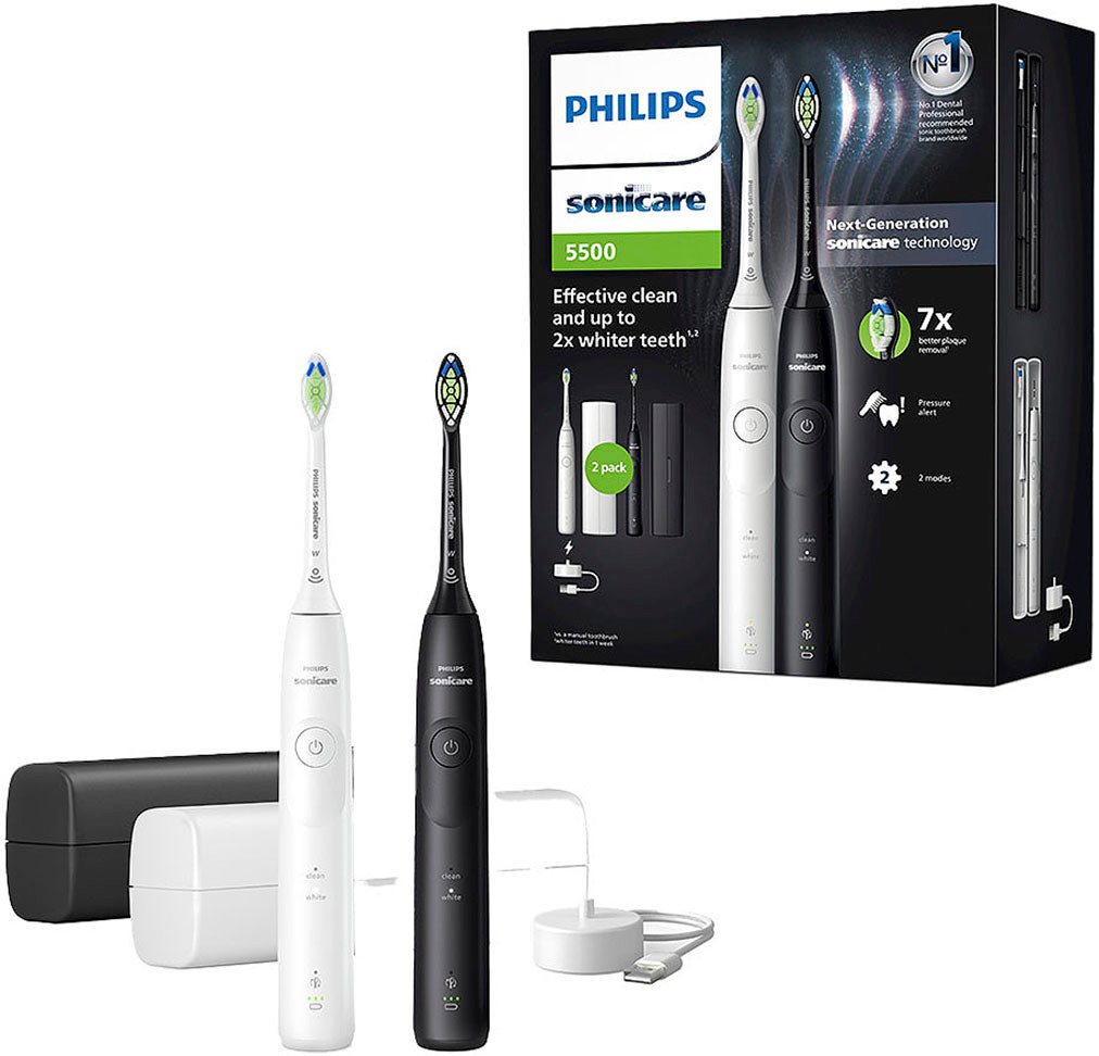 Philips Sonicare Elektrische Zahnbürste Series 5500 HX7119/02, 2 Putzeinstellungen, mit Andruckkontrolle, inkl. Reiseetui