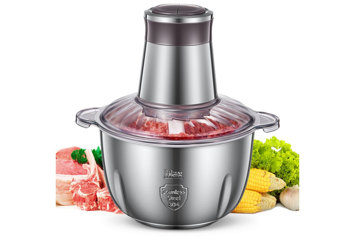 FOHERE Elektrischer Multizerkleinerer, 2 Geschwindigkeiten, 350 W, 2.5L Edelstahlschüssel, ideal für Fleisch/Gemüse, leicht zu reinigen