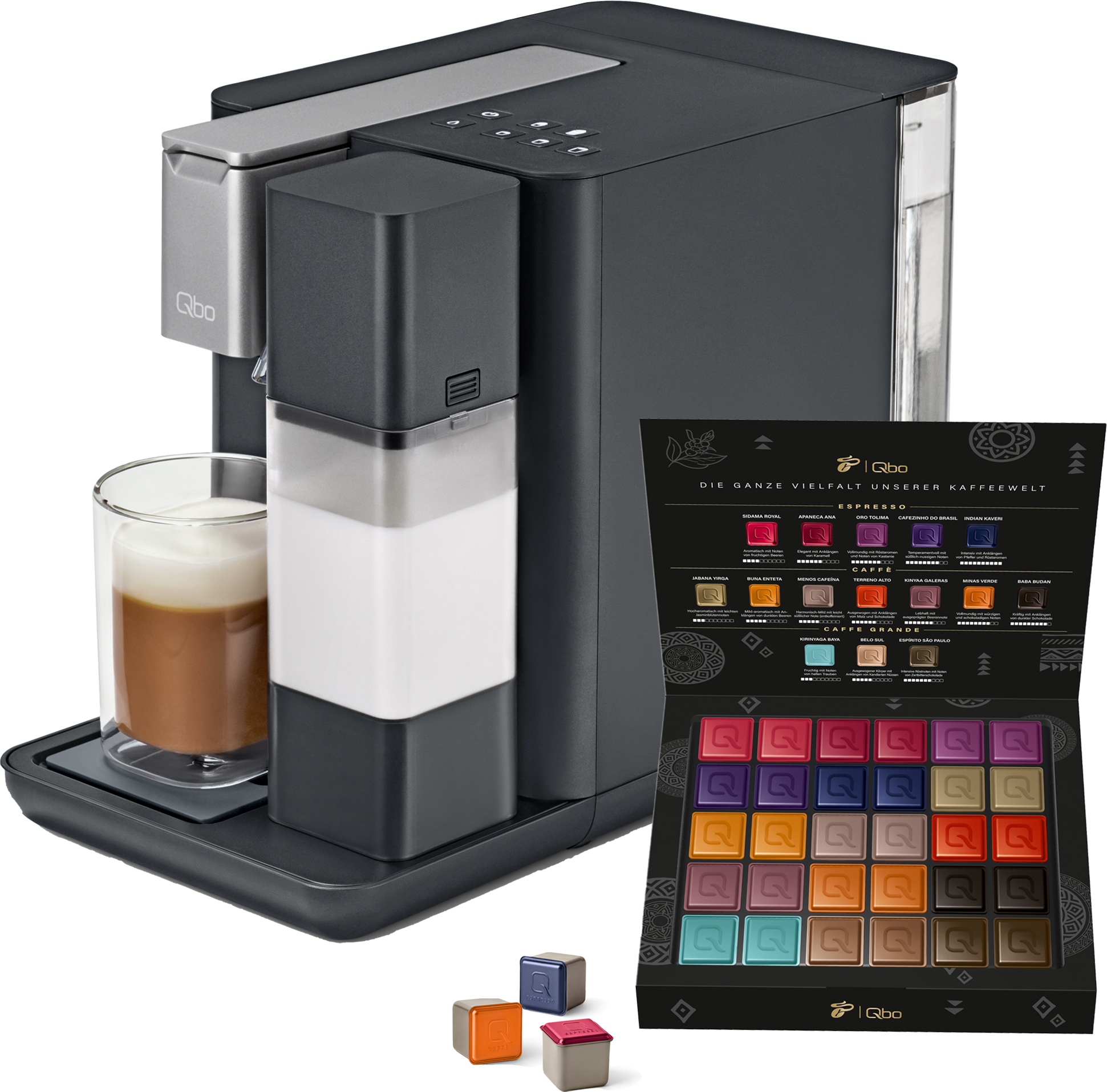 Tchibo Qbo MILK MASTER Premium Kapselmaschine inkl. 30 recyclebare Qbo Kapseln für Cappuccino, Espresso, Caffè Crema, Milchschaum auf Knopfdruck mit abnehmbarem Milchtank 300ml, Gentle Grey