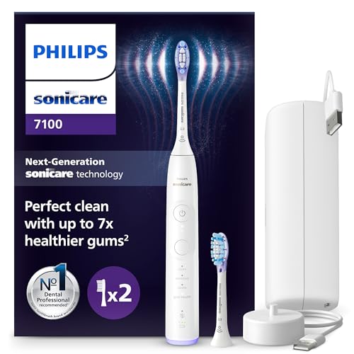 Philips Sonicare 7100 elektrische Zahnbürste, Schallzahnbürste mit App, 4 Putzmodi und 3 Intensitätsstufen, Andruckkontrolle, EasyStart, SmarTimer und BrushPacer, Weiß