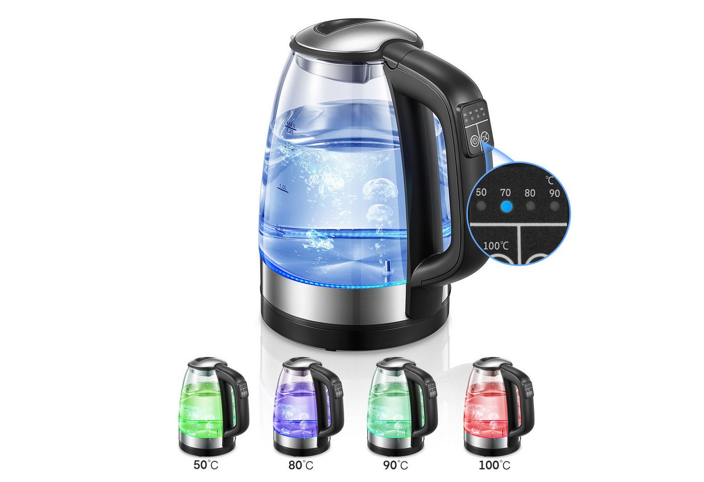 FOHERE Wasserkocher mit Temperaturregelung von 50 bis 100 °C, BPA-frei, 1.7 l, 2200 W, aus Borosilikatglas und Edelstahl