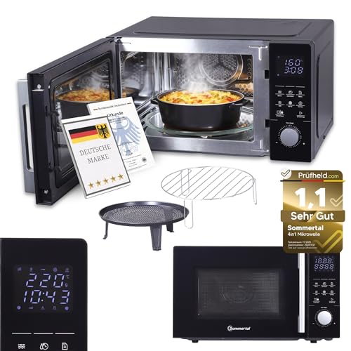 Sommertal 4-in-1 Mikrowelle, 25 L, 850 W, Heißluft, Grill, Kindersicherung, Express-Start, Edelstahl, inklusive Crisp-Pfanne und Rost