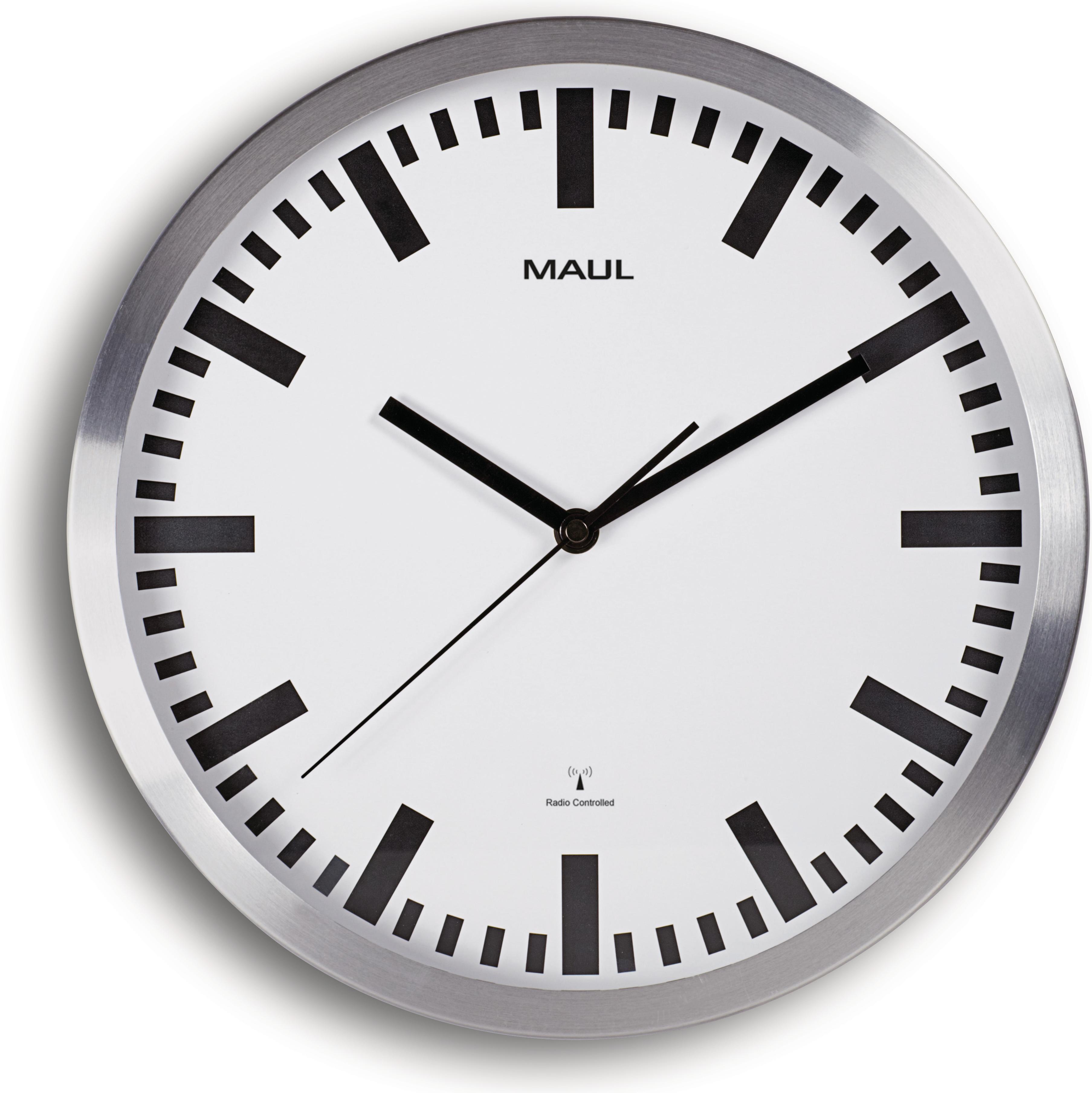 Maul Wanduhr MAULpilot 30RC (30 cm), Runde Aluminium Wanduhr in Silber und Weiß mit Funksignalempfang