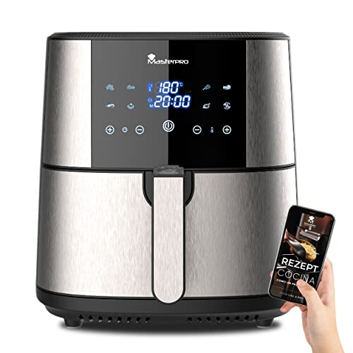 MasterPro Foodies - Fritteuse Ohne Öl, AirFryer XXL, 6L Fassungsvermögen und 1800W Leistung, 90% weniger Fett, Touchscreen-LED-Display und Antihaft-Korb, 8 Kochprograme, Grau