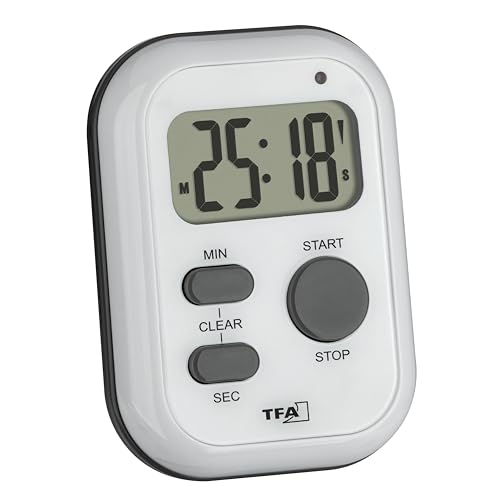 TFA Dostmann Digitaler Timer mit Stoppuhr, 38.2053.02, Alarmton (laut)/Vibration/Blinklicht, für Küche, Sport, Prüfungen, Gehörlose, An-Aus-Schalter, weiß