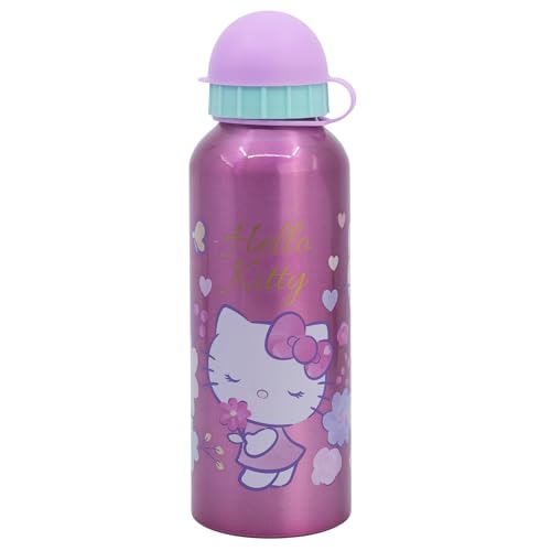 Hello Kitty Aluminium Trinkflasche, 530 ml, auslaufsicherer Sicherheitsverschluss, ideal für Schule & Freizeit