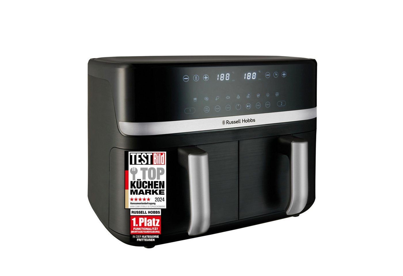 RUSSELL HOBBS Satisfry Dual Basket Heißluftfritteuse 9L, digitale Steuerung, 2.800 Watt, schwarz mit silbernen Akzenten