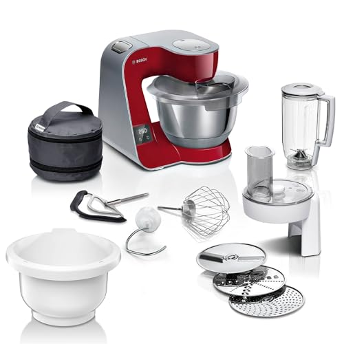 Bosch Küchenmaschine Serie 4 MUM5X734, integrierte Waage, Planetenrührwerk, 1000 W, dunkelrot/silber