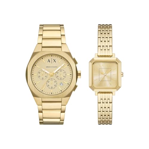 ARMANI EXCHANGE Chronograph AX7171SET, 2-tlg. Set mit Partneruhr, goldfarbene Quarzuhr mit Edelstahlarmband