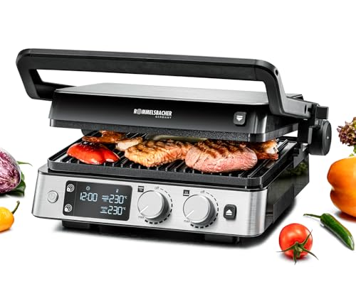 Rommelsbacher Kontaktgrill KG 2025, Kontakt- und Flächengrill mit keramischer Antihaftbeschichtung, getrennt regelbare Grillflächen, Temperaturregelung in 15 Stufen, Fettablauf, Wechselplatten