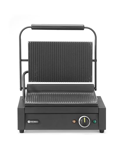 HENDI Kontaktgrill, Elektrogrill mit gerillter Grillfläche 340x235mm, Temperatur bis 300°C, inkl. Grillreinigungsbürste, Edelstahl schwarz