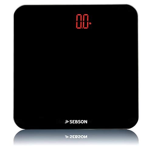 SEBSON Personenwaage digital, schlankes Design, große Körperwaage aus schwarzem Glas 310x310x23mm, helle LED Anzeige, bis zu 180kg