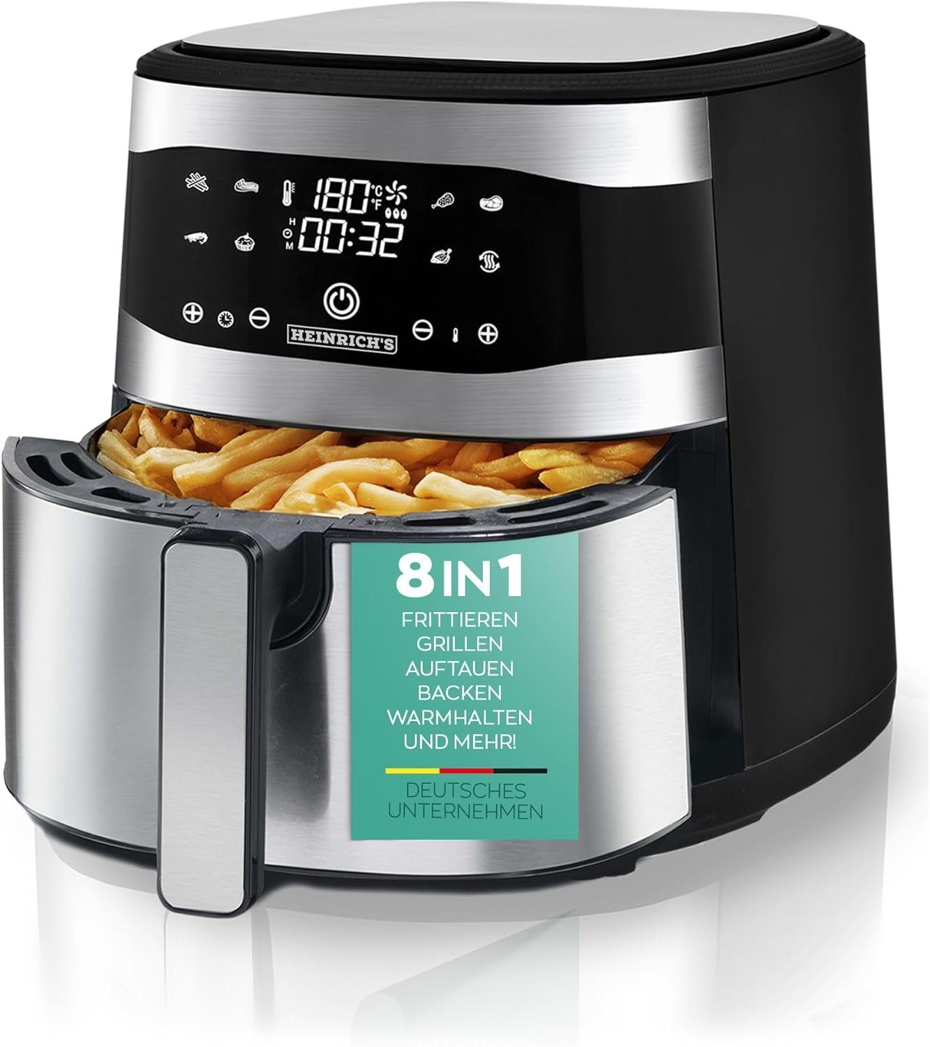 Heinrich´s Heißluftfritteuse HFR 8205, 1800,00 W, Air fryer, Fritteuse, Luftfritteuse, Touch-Display, 8 Programme