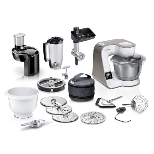 BOSCH Küchenmaschine Serie 4 MUM5XL74, 1000 W, integrierte Waage, 9,4 l Edelstahlschüssel, Mixer, Weiß, mit Fleischwolf und Würfelschneider