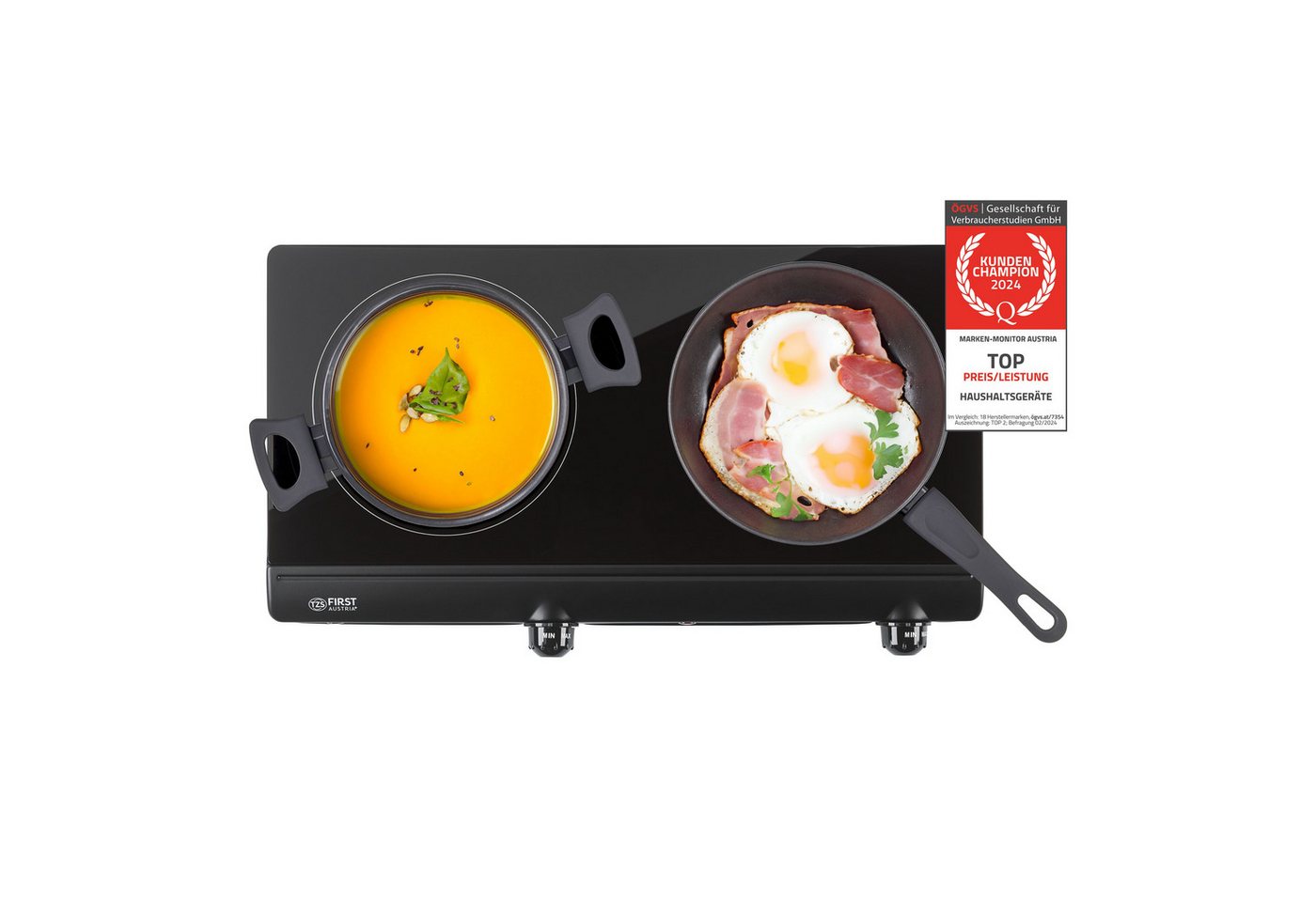 TZS FIRST AUSTRIA Doppelkochplatte Infrarot Kochplatte, 2500W, Glaskeramik, stufenlose Temperaturregelung, Schwarz