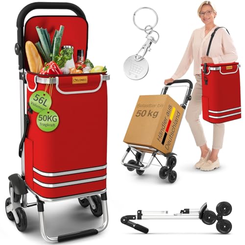 ELONEO Einkaufstrolley Treppensteiger mit Kühlfach, 56 L, klappbar, höhenverstellbar, Rot, mit Reflektoren und abnehmbarer Tasche