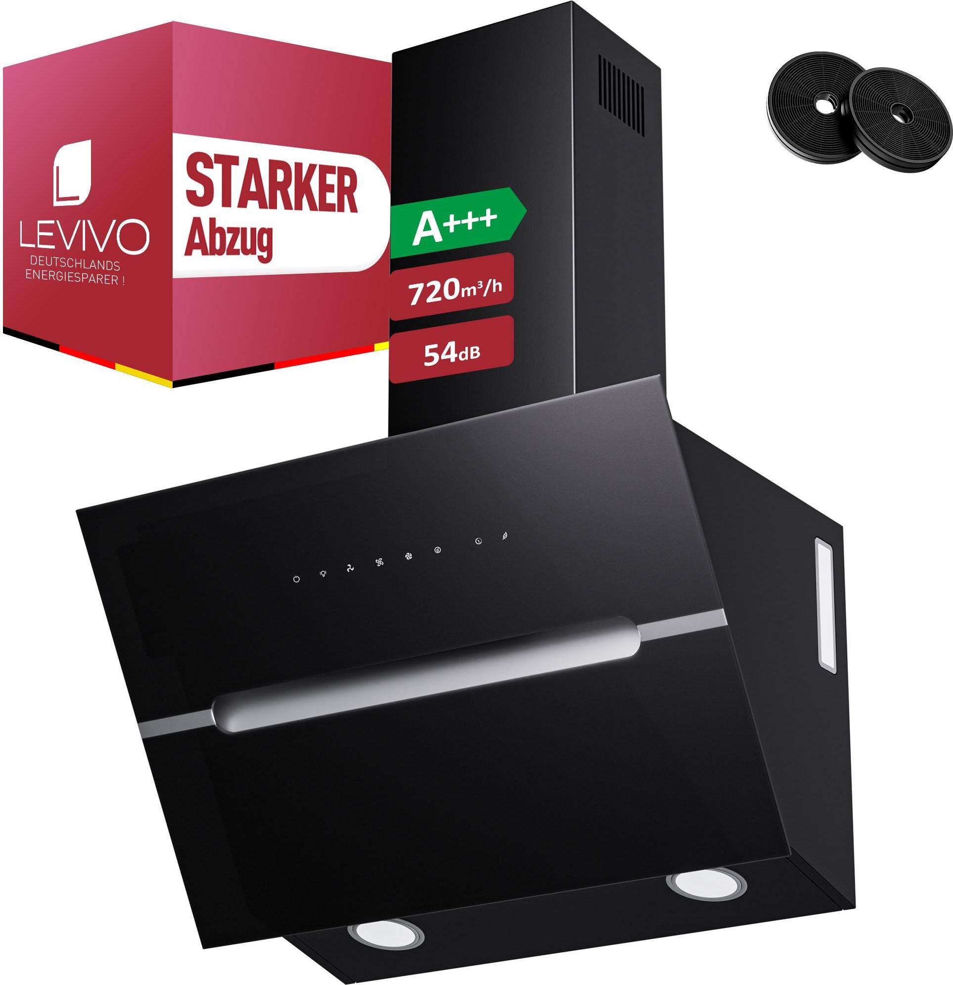 LEVIVO Kopffreie Dunstabzugshaube 60cm A+++ Umluft & Abluft, 720 m³/h, 3 Leistungsstufen, 2 Aktivkohlefilter, 1 Fettfilter, Touchscreen, LED-Beleuchtung