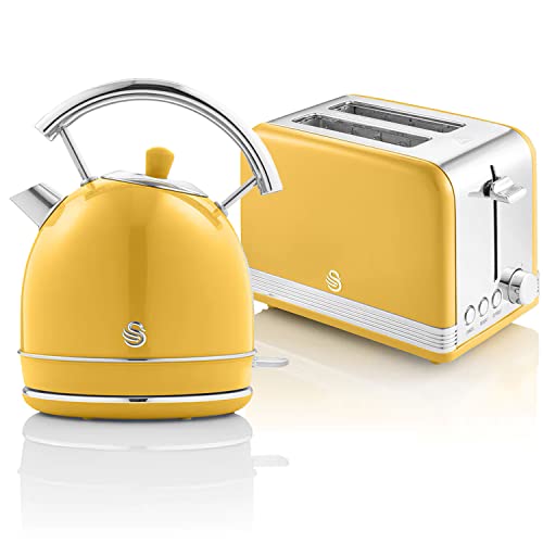 Swan Retro Set Frühstückswasserkocher Gelb, 1,8 Liter mit 360° drehbarem Sockel und Toaster mit 6 Toaststufen