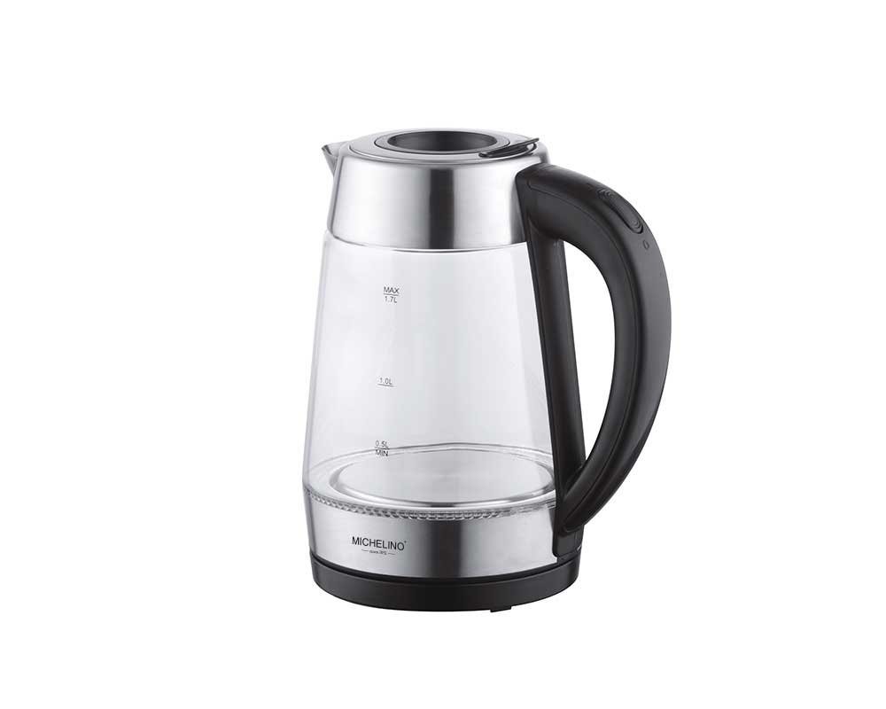 Michelino Wasserkocher Glas-Kocher aus hochwertigem Borosilikatglas, 1,7 l, 2200,00 W, LED-Beleuchtung, Edelstahl-Applikationen, automatische Öffnung