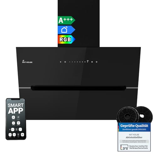KKT KOLBE ECCO6005SM Dunstabzugshaube 60 cm, 782 cbm/h Umluft Abluft, kopffrei, Wandhaube, Schwarz Glas, Smart WiFi App, RGBW-LED-Beleuchtung