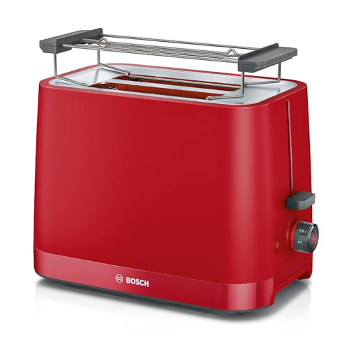 Bosch Kompakt Toaster MyMoment TAT3M124, entnehmbarer klappbarer Brötchenaufsatz, mit Auftaufunktion, Abschaltautomatik, Liftfunktion, Brotzentrierung, ideal für 2 Scheiben, 800 Watt, Rot matt