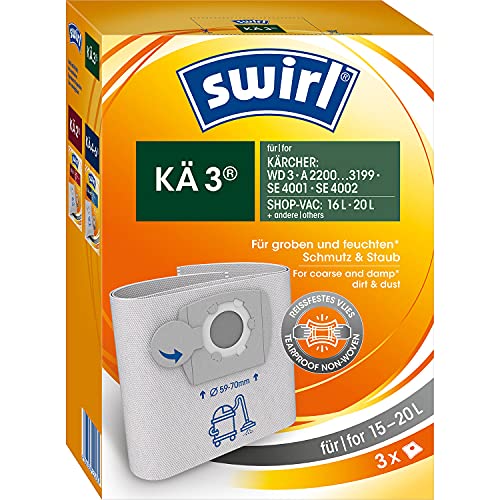 Swirl KÄ 3® Staubsaugerbeutel, 3er Pack, reißfestes Vliesmaterial für Nass- und Trockensauger