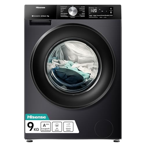 Hisense WF3S9043BB3 Waschmaschine mit Dampffunktion, 9 kg, 1400 U/min, WiFi, Power JetWash, Anti-Allergie Programm, Aqua Stop, Auto Wash, EEK A-30 Prozent, Schwarz