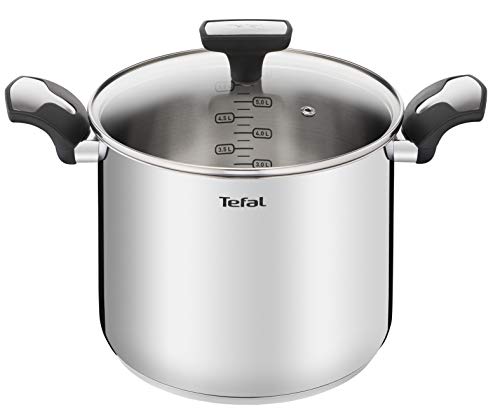 Tefal Emotion Kochtopf, hoch, 22 cm, 6 l, Edelstahl, dicker Boden für gleichmäßige Hitzeverteilung, elegantes Design, robuste Griffe, Glasdeckel, Induktion E3016104, Cranberry