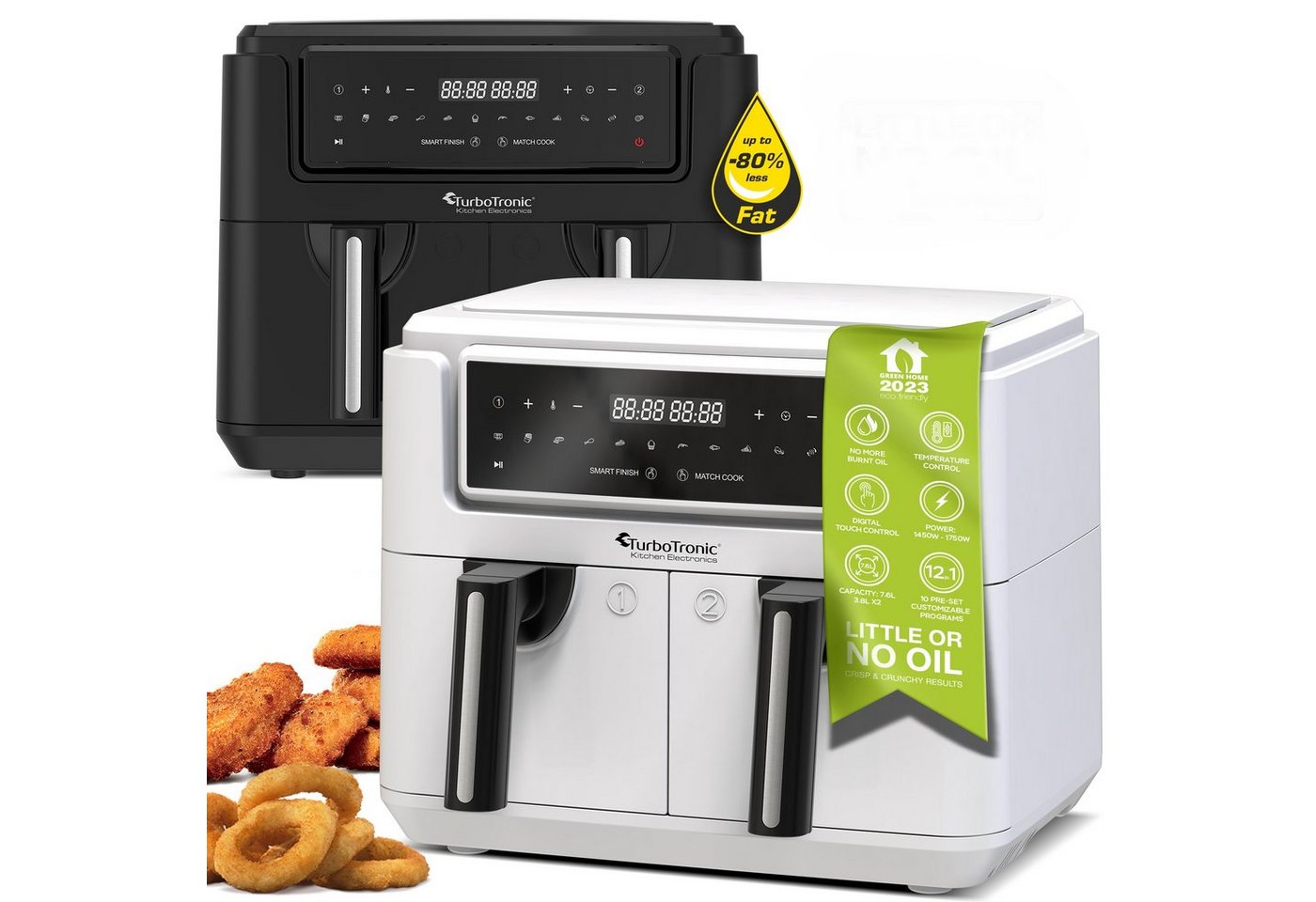 TurboTronic by Z-Line Heißluftfritteuse XXL doppel Airfryer 1750W 7,6L 2x 3,8L Kammer 12 Programme digitale, XL Kapazität, Rapid-Air-Technologie, 12 voreingestellte Programme, Cool-Touch Griff, silber