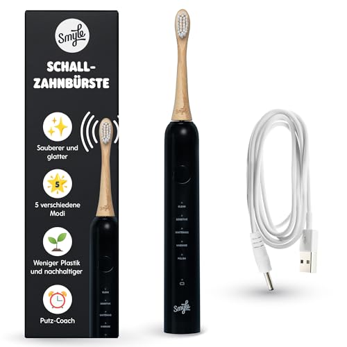 Smyle Schallzahnbürste mit Sensor – 3 Monate Akkulaufzeit, 5 Putzmodi, wasserdicht und intelligente Timer-Funktion (Schwarz) – Elektrische Zahnbürste mit lebenslanger Garantie