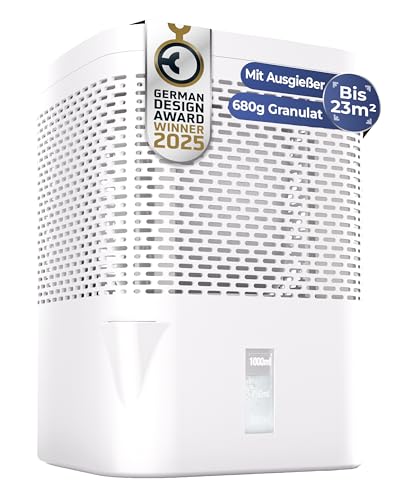 BonAura® AirOne Luftentfeuchter, stromlos bis 23m², 360° Belüftung, integrierter Ausgießer & 680g Granulat, Schimmel- und Geruchsschutz