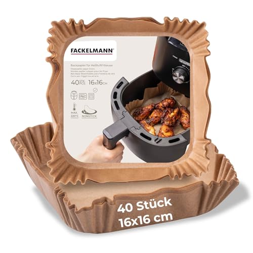 Fackelmann Backpapier für Heißluftfritteuse, 16 x 16 cm, 40-teilig, öl- und wasserfest, hitzebeständig bis 220°C, mikrowellen- und backofengeeignet