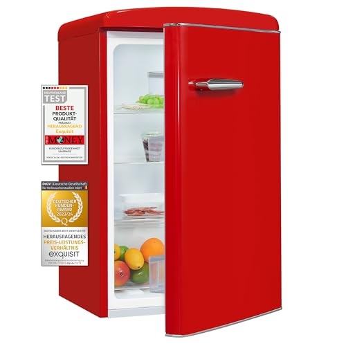 Exquisit Retro Vollraumkühlschrank RKS120-V-H-160E, rot, 122 L Nutzinhalt, ohne Gefrierfach, Energieeffizienzklasse E