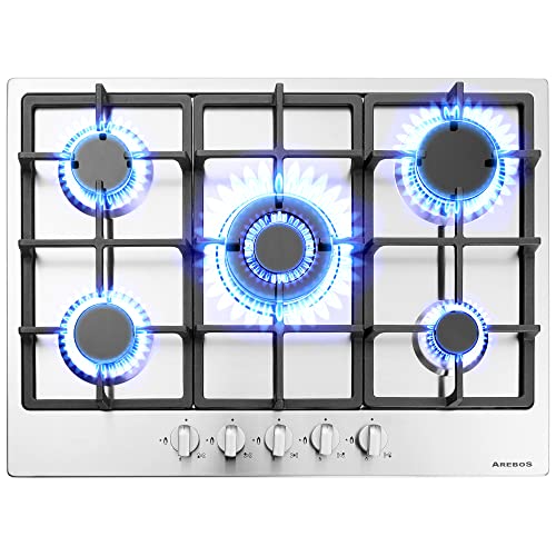 Arebos Gaskochfeld 5 Flammig | Edelstahl Gasherd mit automatischem Flammenschutz | Erd- oder Propangas | Autark, effizient und energiesparend