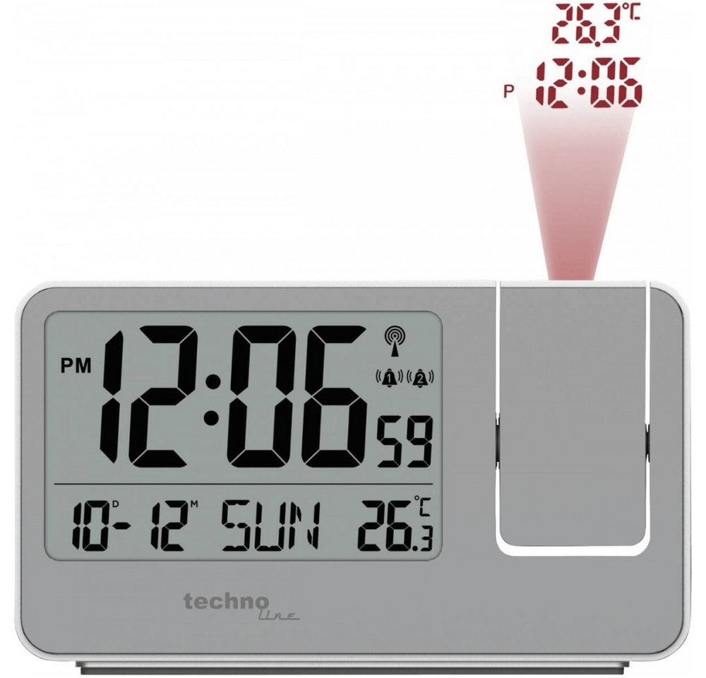 technoline WT 534, Projektionswecker mit Funkuhr, Schlummerfunktion und Datumsanzeige, silber