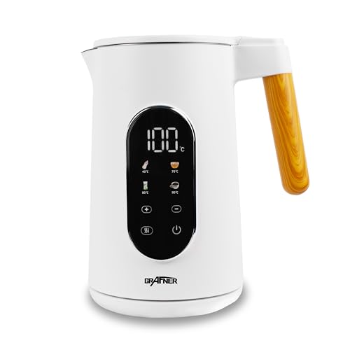 Grafner Edelstahl Wasserkocher 1,7L mit Temperatureinstellung 40°C-100°C, Warmhaltefunktion, Memoryfunktion, LCD-Display, Doppelwand, 2200 Watt, digital (Weiß)