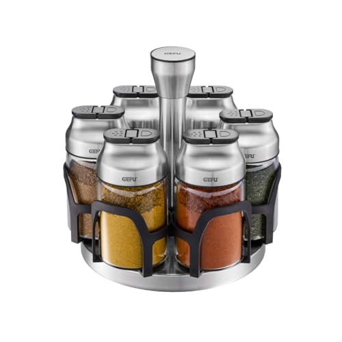 GEFU 33733, Pfeffermühle + Salzmühle, schwarz und silber, elegante Gewürzmühlen mit präziser Dosierung