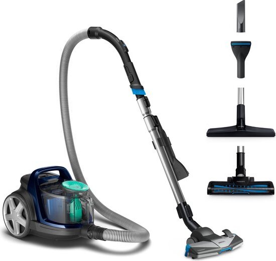 Philips PowerPro Active FC9556/09, Beutelloser Staubsauger für alle Bodentypen mit starker Saugkraft, H13-Allergiefilter und 3 Düsen, blau